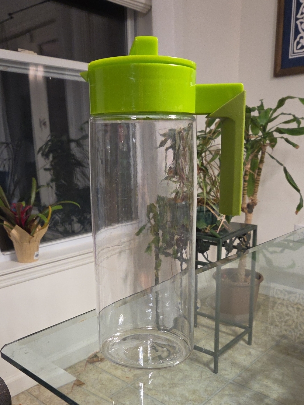 Clear Glass Pitcher with Bright Green Lid and Handle
